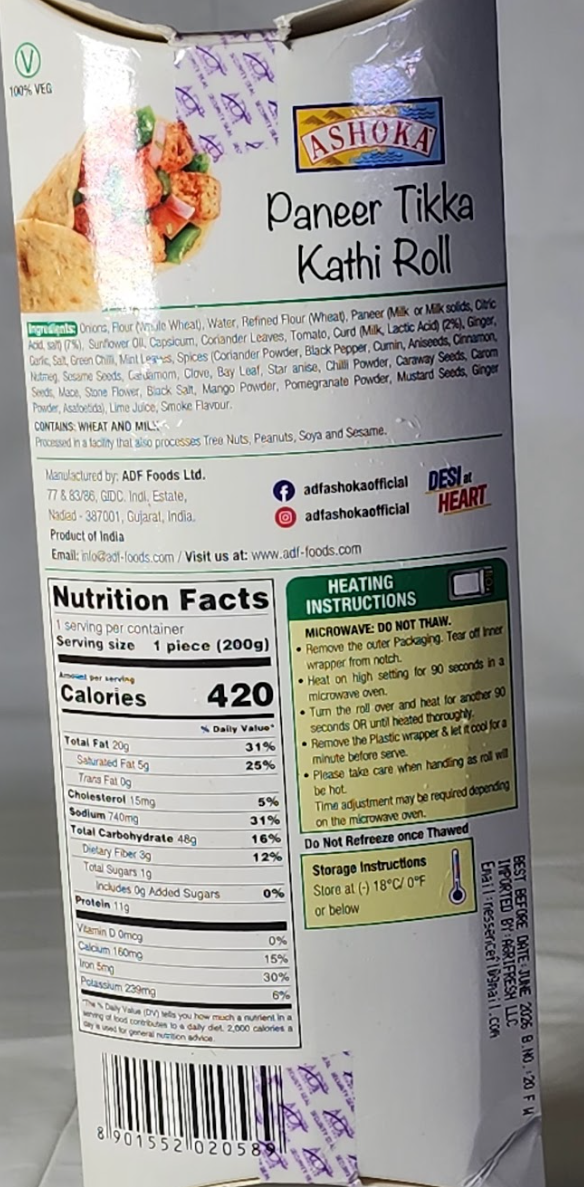 ASHOKA PANEER TIKKA KATHI ROLL - 200 G