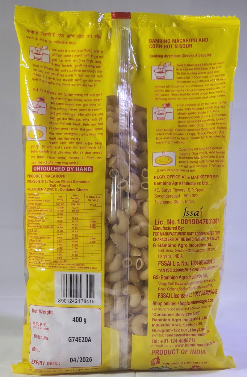 BAMBINO MACARONI PASTA - 400 G